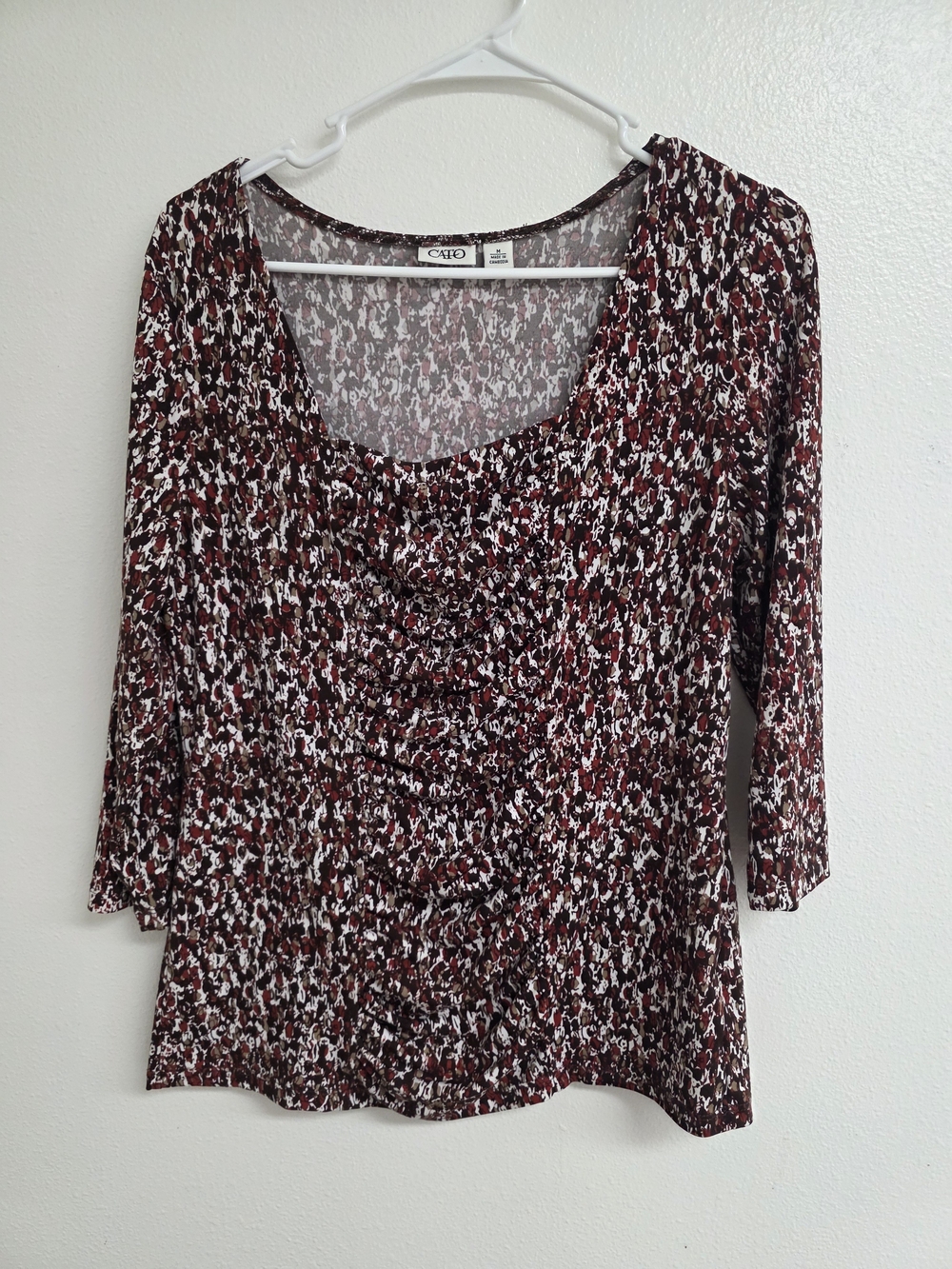 Cato Burgundy Black White Printed Scoop Neck Long Sleeve Top (0662)